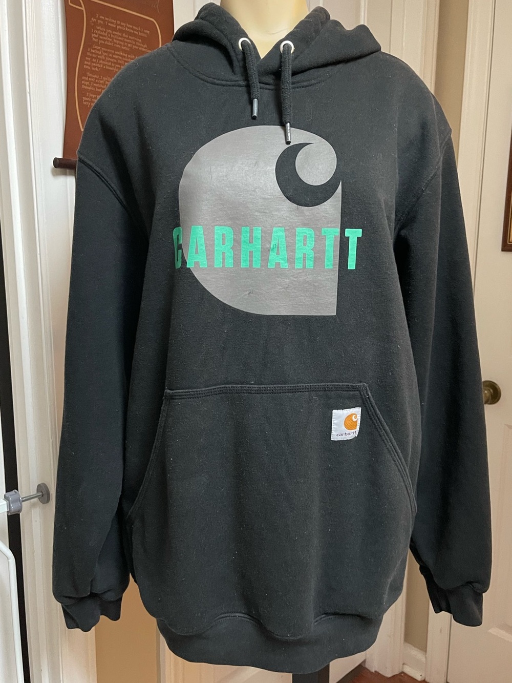 Carhartt Black Hoodie with Gray Logo and Green Text NWOT
